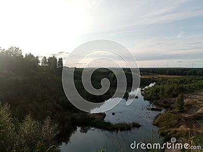 Trees and fields on the sandy shore of the lake. Calm northern latitudes. Stock Photo