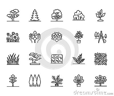 Trees flat line icons set. Plants, landscape design, fir tree, succulent, privacy shrub, lawn grass, flowers vector Vector Illustration