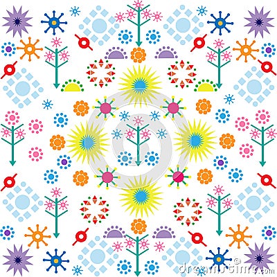 Trees flowers patterns colored symbols ornament on white background Vector Illustration