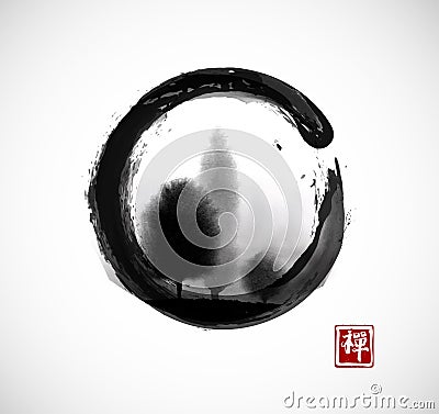 Trees in fog in black enso zen circle on white background. Traditional oriental ink painting sumi-e, u-sin, go-hua Vector Illustration