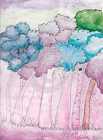 Trees forest nature abstract watercolor. Natural background. Stock Photo