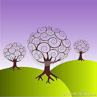 Trees on green hills Vector Illustration