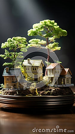 Trees grow on piles of money and energy-saving charts on home models Stock Photo