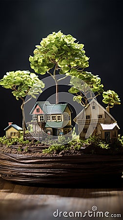 Trees grow on piles of money and energy-saving charts on home models Stock Photo