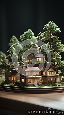 Trees grow on piles of money and energy-saving charts on home models Stock Photo