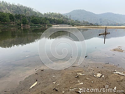 Trees and hills reflecting in a lake Stock Photo