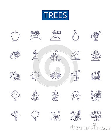 Trees line icons signs set. Design collection of Tree, Conifer, Timber, Pine, Oak, Maple, Palm, Cedar outline concept Vector Illustration