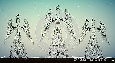Trees look like angels with birds and nest , forest spirit, trees sculpture with birds, tree s dream, Vector Illustration