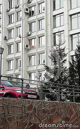 Trees at the office building in Krasnoyarsk Editorial Stock Photo