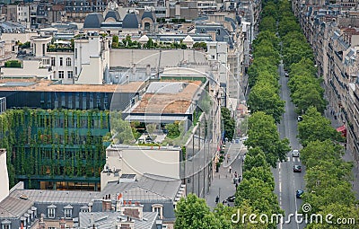 Trees on Parisian streets and green spaces on terraces, rooftops Editorial Stock Photo