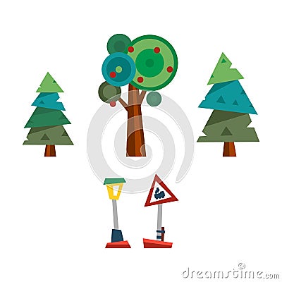 Trees and road sign vector illustration. Vector Illustration