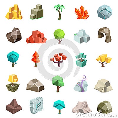 Trees rock stone boulder cave cristal rune cartoon isometric 3d flat style icons set game art environment low poly Vector Illustration