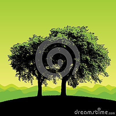 Trees silhouetted on hillside Vector Illustration