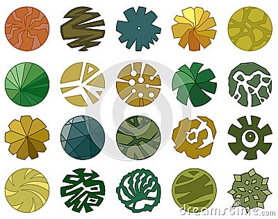 Trees top view. Different icon of plants and trees for architectural or landscape plan. View from above. Vector Illustration