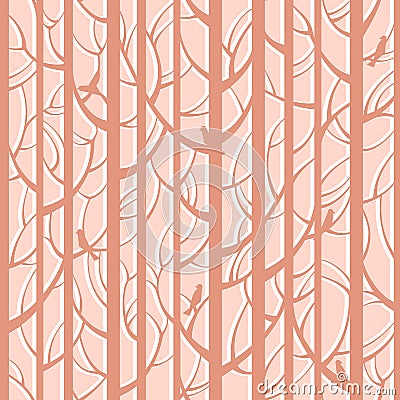 Trees woods seamless stripes pattern. Forest trees with birds Vector Illustration