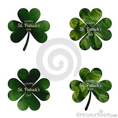 Three-leaf shamrock and four-leaf lucky clovers. Watercolor symbols of Saint Patrick`s Day. Vector Illustration