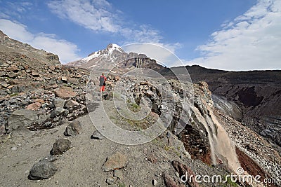 Treking for the Kazbek peak in the mountains of the Caucasus Stock Photo