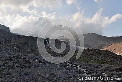 Treking for the Kazbek peak in the mountains of the Caucasus Stock Photo