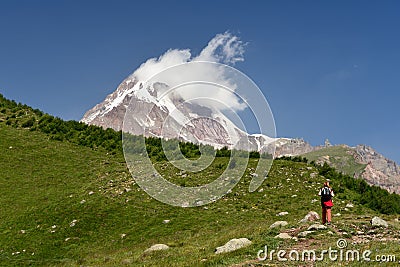 Treking for the Kazbek peak in the mountains of the Caucasus Stock Photo