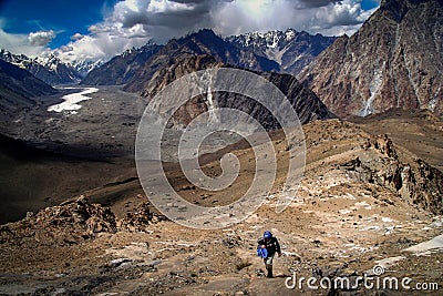 Trekker and Batura Glacier Stock Photo