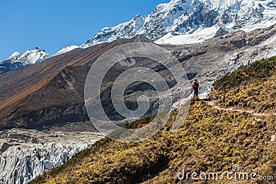 Trekker in front of Manaslu glacier on Manaslu circuit trek in N Stock Photo