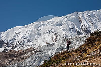 Trekker in front of Manaslu glacier on Manaslu circuit trek in N Stock Photo