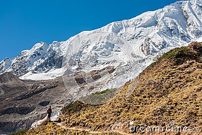 Trekker in front of Manaslu glacier on Manaslu circuit trek in N Stock Photo