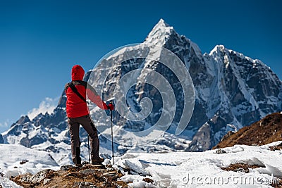 Trekker in Khumbu valley on a way to Everest Base camp Stock Photo