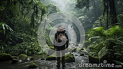 A trekker in the rain forest, in the rain, with difficulty Stock Photo
