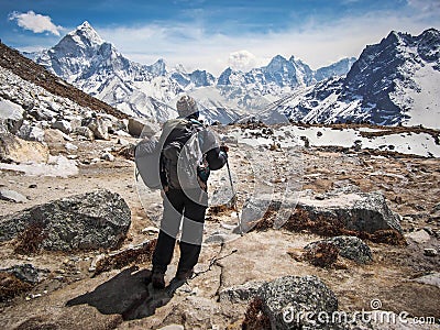 Trekker on Everest Base Camp Trek in Nepal Himalaya Stock Photo