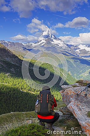Hikers and matterhorn Editorial Stock Photo