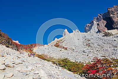 Trekkers in Torres del Paine National Park in Autumn, Patagonia, Chile Stock Photo