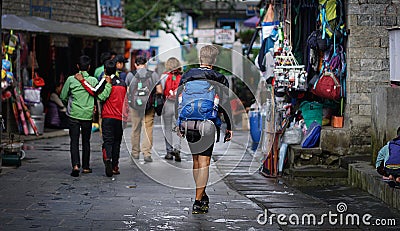 Trekkers Walking at Market Street at Lukla Nepal Editorial Stock Photo