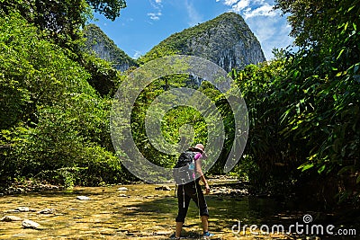 Woman trekking through jungle stream in Borneo, famous Mulu National Park. Editorial Stock Photo