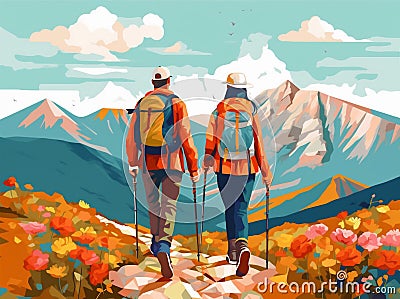 trekking happy grandfather couple elderly active hiking walking old senior. Generative AI. Stock Photo