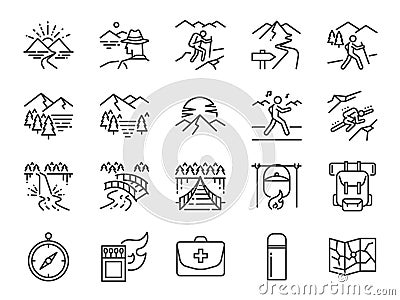 Trekking line icon set. Included the icons as view, nature, camping, mountain, forest, backpacking, travel, sunset and more. Vector Illustration