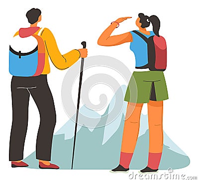 Trekking man and woman, hiking in mountains vector Vector Illustration