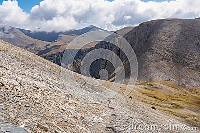 Trekking on mystical hiking trail leading to Mount Olympus (Mytikas, Skala, Stefani) in Mt Olympus National Park, Thessaly,Greece Stock Photo