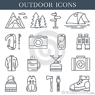 Trekking and outdoor linear icons. Set of hiking and camping outline symbols. Vector Illustration