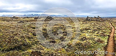 Trekking path around Landmannalaugar moss hills and volcano Iceland landscape Stock Photo