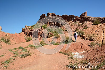 Trekking in Skazka, or Fairytale, canyon. Issyk-Kul southern shore. Kyrgyzstan Editorial Stock Photo