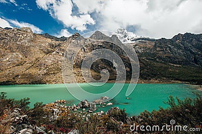 Trekking to Laguna 69 and passing by Laguna de Llanganuco in Peru Cordillera Blanca Stock Photo