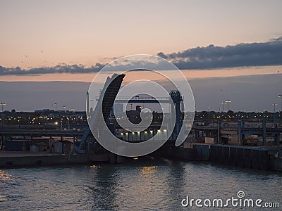 TRELLEBORG, SWEDEN - August 21, 2019: Night view of Trelleborg harbor from sea. Swedish port, blue hour evening Editorial Stock Photo