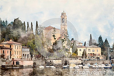 Tremezzo with Church of San Lorenzo on Lake Como, Province of Como, Lombardy, northern Italy. Watercolor Illustration. Stock Photo