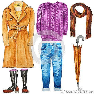 Trench coat. Jeans. Umbrella. Sweater. Jumper. Scarf. Boots. Hand drawn watercolor illustration. Cartoon Illustration