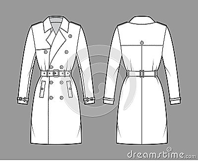 Trench coat technical fashion illustration with belt, double breasted, fitted, napoleon wide lapel collar, knee length Vector Illustration