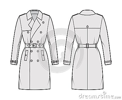 Trench coat technical fashion illustration with belt, double breasted, fitted, napoleon wide lapel collar, knee length Vector Illustration