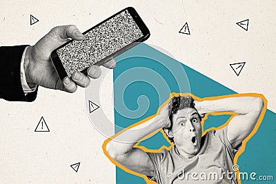 Trend artwork sketch image composite 3D photo collage of young surprised guy socked look huge hand hold smartphone share Stock Photo