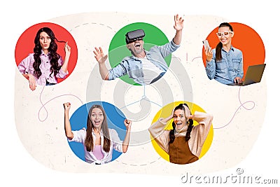 Trend creative poster of people excited global interaction using tech gadgets speak worldwide isolated color background Stock Photo