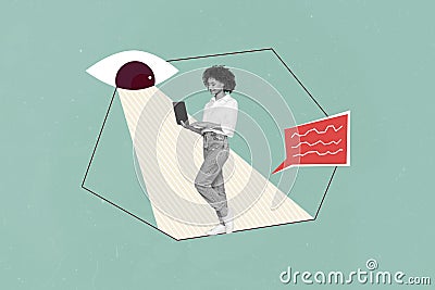 Trend image collage of person use netbook under eyeball with sms message textbox Stock Photo